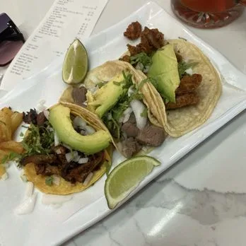 Street tacos with avocado, onion and cilantro